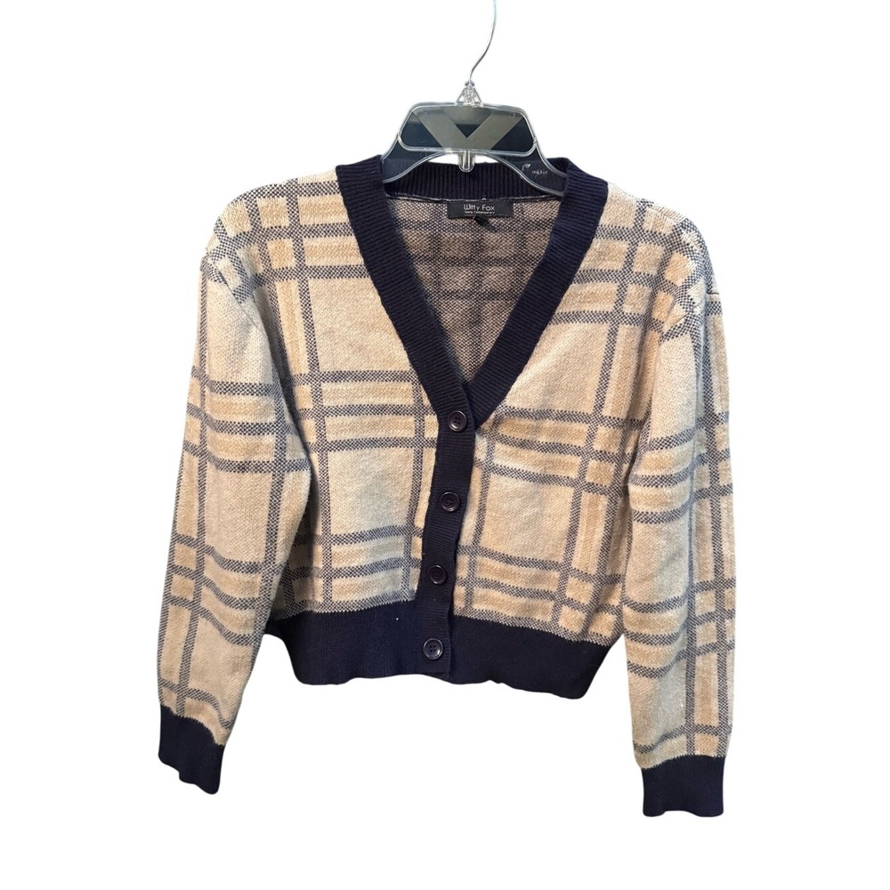 Witty Fox Plaid Button Front Cardigan‎ Sweater Navy Tan V-Neck Medium